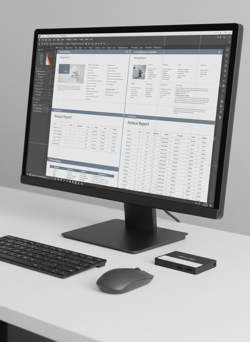 A close-up, photographic view of a desktop monitor displaying a sophisticated multi-page annual report layout in InDesign, with a neutral color palette of slate gray, soft white, and muted blue accents. The screen shows precise typographic hierarchy, master page grids, and aligned tables. Around the monitor, only a slim wireless keyboard, a matching mouse, and a single neatly labeled external drive sit on a matte white desk, leaving generous negative space. Soft studio lighting from the left creates subtle reflections on the monitor’s glass and delicate shadows beneath the peripherals. Captured from a slightly elevated three-quarter angle with shallow depth of field, the focus rests on the meticulous alignment and structure on-screen. The atmosphere feels precise, methodical, and corporate, highlighting professionalism and smart, readable design.