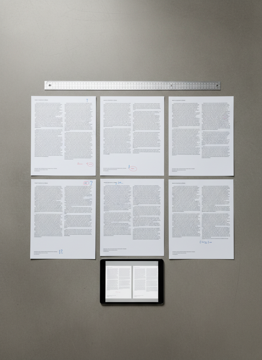 An overhead, bird’s-eye view of a design and editing review session represented only by objects: a spread of printed brochure pages with carefully aligned columns, balanced margins, and consistent typographic styles laid out on a smooth concrete tabletop. Red and blue pencil marks indicate light corrections and thoughtful editorial notes, but the pages remain tidy and uncluttered. A silver metal grid ruler and a slim, dark gray tablet displaying the digital version of the layout sit parallel to the page edges, reinforcing structure. Neutral, diffused overhead lighting creates soft, even illumination with almost no harsh shadows, emphasizing the flatness and clarity of the layout. The composition follows strict right angles and clean lines, conveying a meticulous, professional mood and a minimalist, corporate photographic aesthetic.