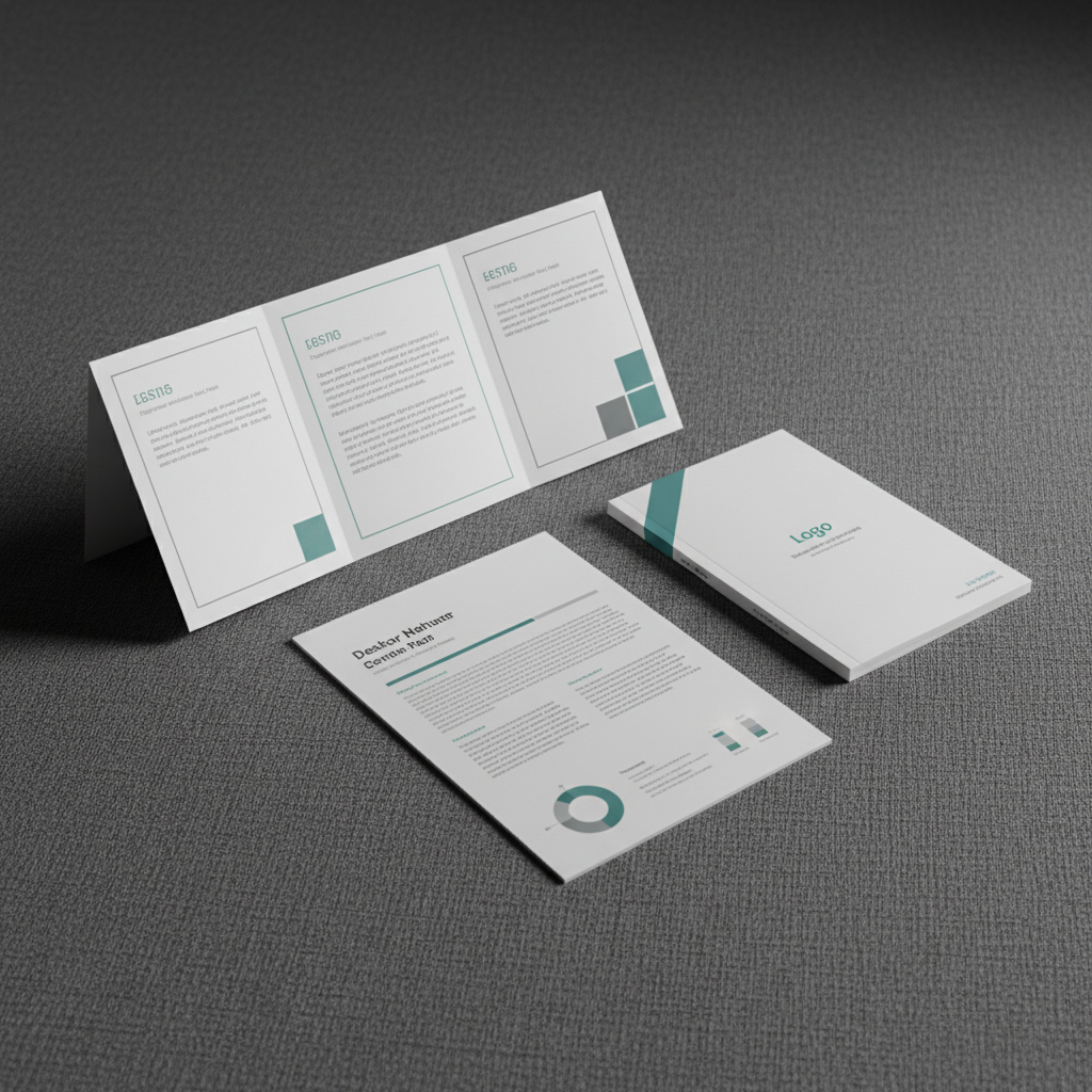A refined, photographic still life of three finished desktop publishing pieces arranged on a charcoal-gray fabric backdrop: a perfectly aligned tri-fold brochure, a slim saddle-stitched booklet, and a single-page datasheet. Each design features harmonious margins, calm sans-serif typography, and a palette of soft grays with a single accent color, like muted teal. The edges of the paper are crisp, with subtle texture visible under soft side lighting from the right, creating gentle shadows that emphasize layering and precision. Shot from a slightly elevated angle with moderate depth of field, all three pieces remain in sharp focus while the backdrop falls into a smooth blur. The overall mood is polished and corporate, showcasing structured layouts, readability, and understated, intelligent design.