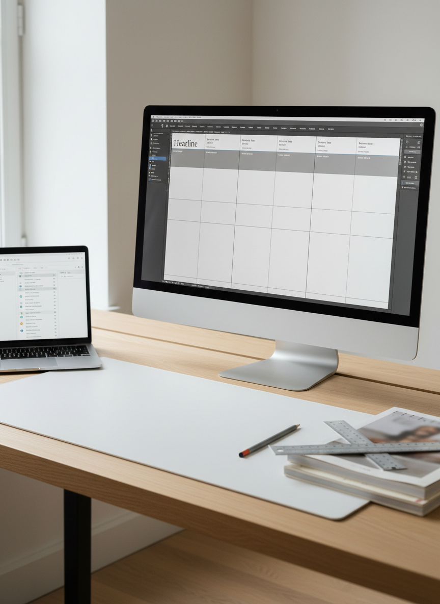 A meticulously arranged desktop publishing workspace on a pale oak desk, featuring an open 27-inch monitor displaying a clean magazine layout grid with crisp columns, ample white space, and neutral gray paragraph styles. Beside it, a high-end laptop shows an editorial checklist in a minimalist text editor, with color-coded tags. Neatly stacked proofs with soft-touch covers, a precise metal ruler, and a muted graphite pencil rest on a white leather desk mat. Cool, diffused daylight from an unseen window casts gentle, even illumination, creating soft shadows and precise highlights on edges. Shot at eye level with a slightly wide angle, the composition uses balanced symmetry and sharp focus throughout. The mood is calm, efficient, and professional, emphasizing photographic realism, clean lines, and a corporate, structured aesthetic.