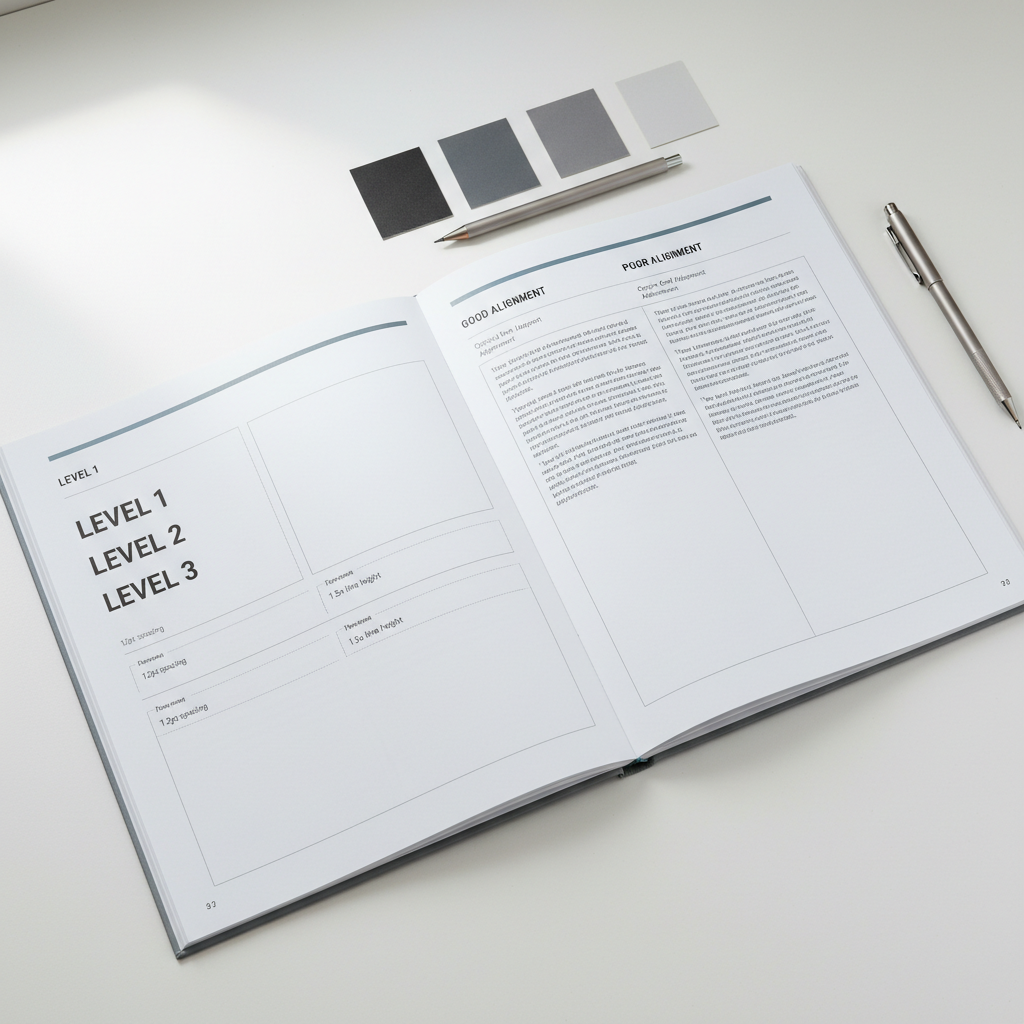 A highly detailed close-up of a style guide booklet for a corporate report, opened flat on a pristine white desk. The pages show clearly defined heading levels, paragraph spacing, grid specifications, and examples of good versus poor alignment, all in a subtle grayscale palette with one muted accent color. Ultra-thin lines delineate margin and column systems, and small annotations explain typographic choices. Nearby, precisely arranged gray swatch cards and a minimalist mechanical pencil sit parallel to the booklet’s spine. Soft, diffused daylight from above and slightly to the left creates minimal shadows and emphasizes the paper’s smooth texture. Captured from directly above with sharp focus throughout, the composition feels highly ordered, instructional, and authoritative, underscoring the site’s emphasis on smart, readable, and usable design rooted in professional desktop publishing practice.